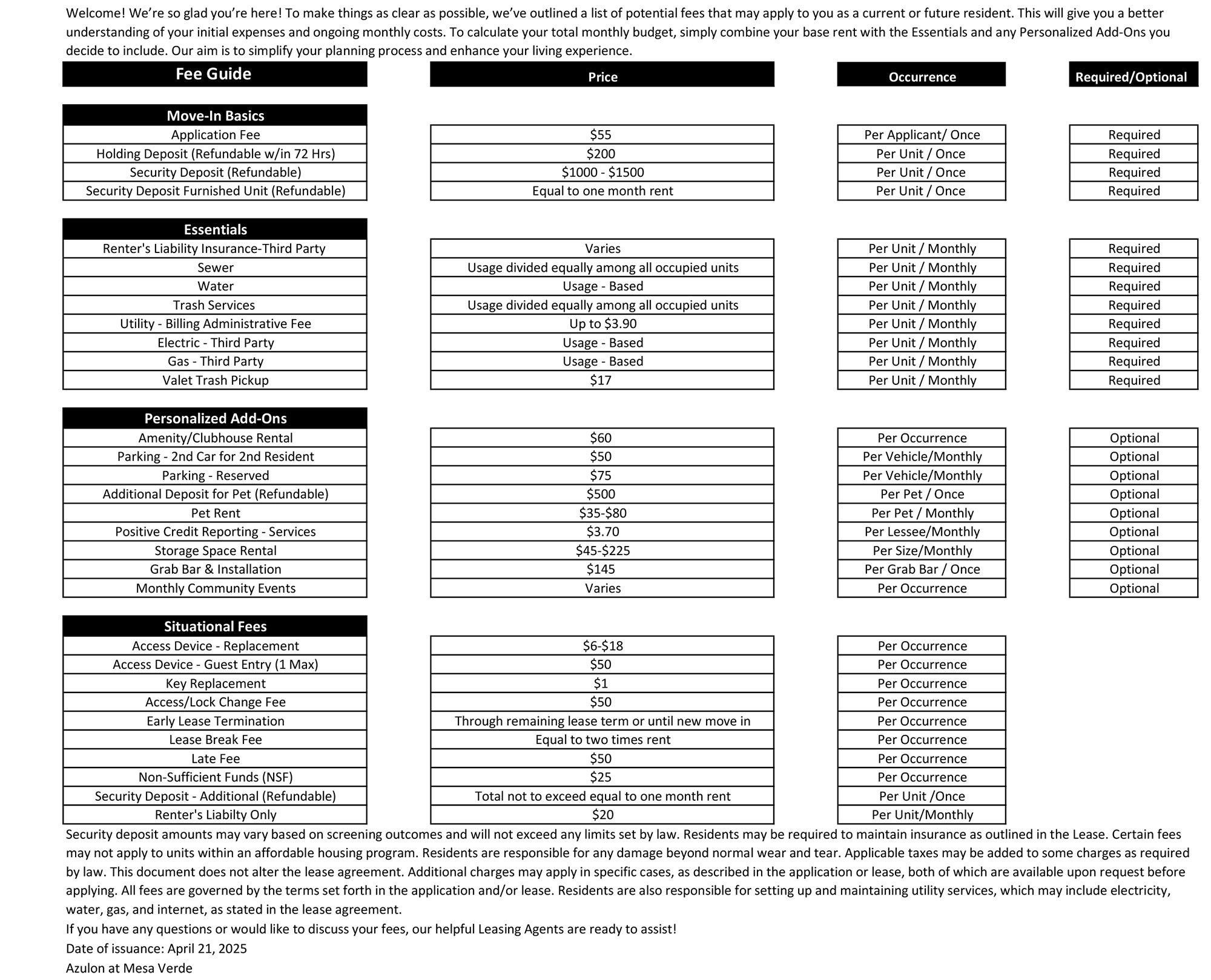 Azulon at Mesa Verde® Fee Guide