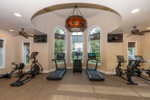 Fitness center with elliptical machines and large windows.