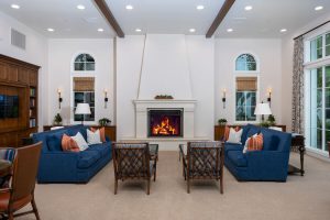 Library room with sofas, a fireplace, and bookshelves.