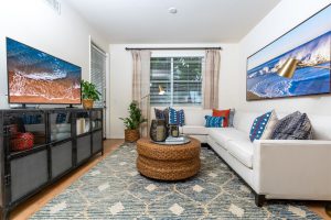 Cozy living room with sofa, chair, and wall art.